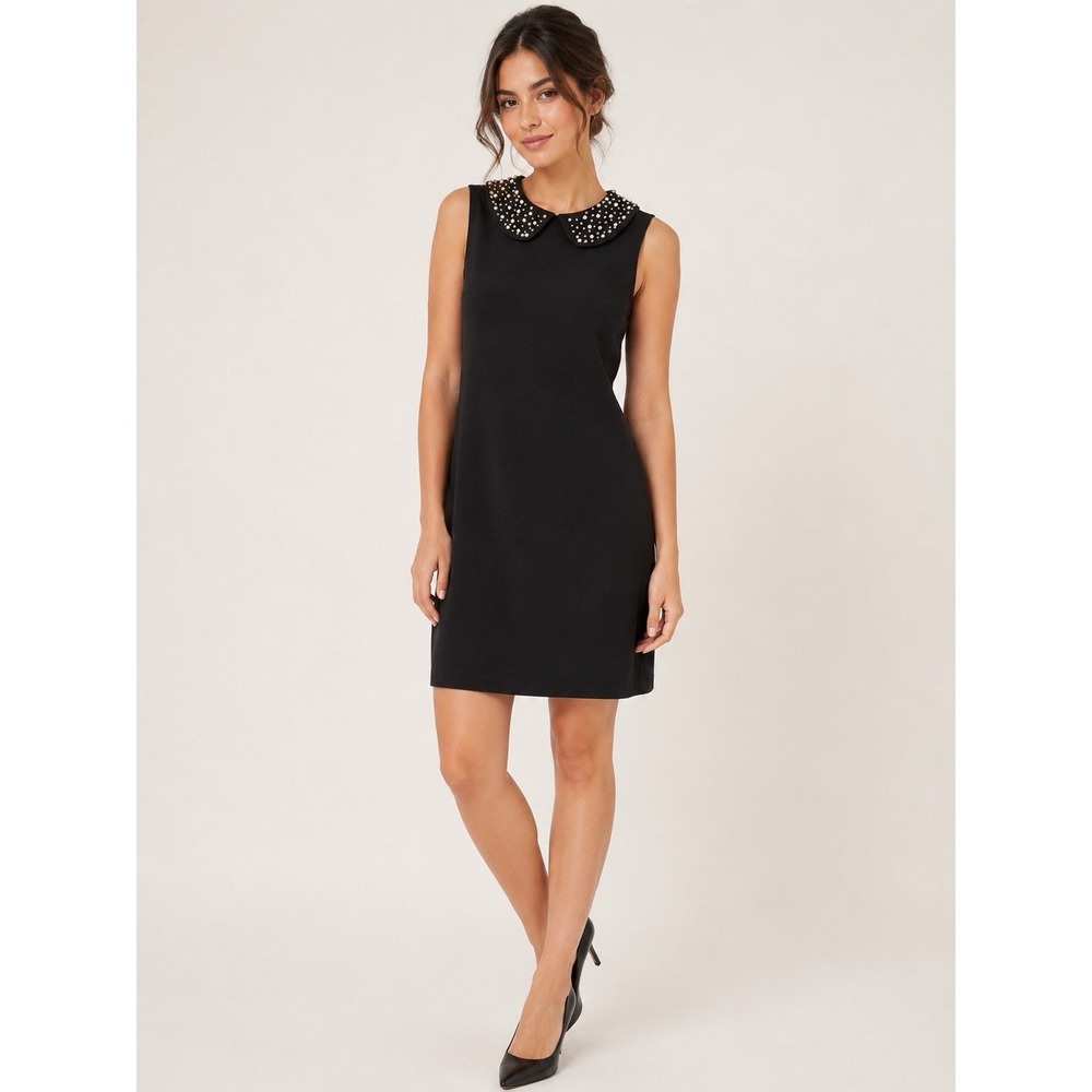 Black Peter Pan Collar Shift Dress Pearl Beaded Studded Career Party Goth L